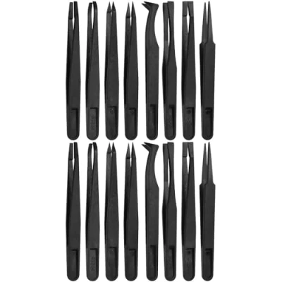 Image of MMOBIEL 16 Piece Anti Static Plastic Precision Tweezers Set, with Pointed Flat Tip/Curved Tips, for Electronics, Jewellery Making, Laboratory Work, Black