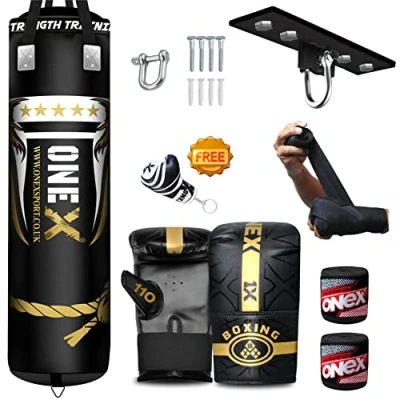 Image of ONEX Heavy Filled 12 Piece Boxing Punch Bag Set Gloves Ceiling Hook Chains MMA Pad Punching Kick (5ft, Hook)