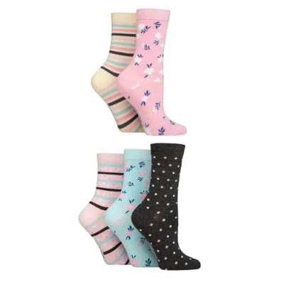 Image of SockShop Ladies Soft Bamboo Socks Womens, Breathable, Cooling, Plain, Patterned &amp; Striped in a 5 Pair Multipack Size 4 8 Floral