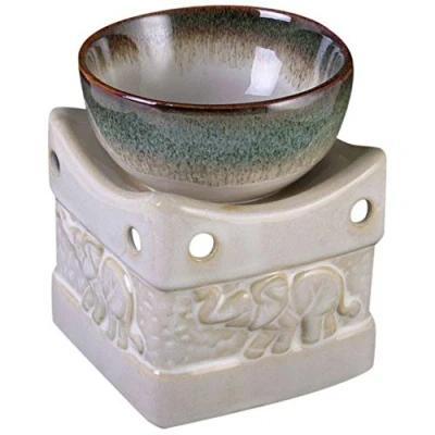 Image of Glazed Ceramic Elephant Oil Burner 10.5cm x 9cm (1 Pc) Two Tone Cream &amp; Green Effect Perfect for Aromatherapy and Home Decor