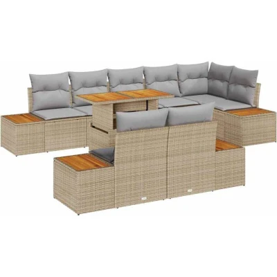 Image of vidaXL 9 Piece Garden Dining Set with Cushions Beige Poly Rattan Acacia