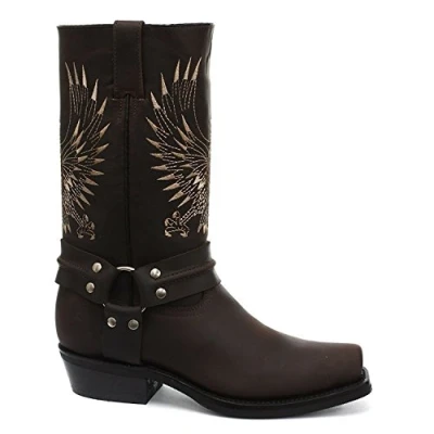 Image of Grinders Womens Bald Eagle Brown Leather Cowboy Boot Slip on Square Toe Front Boots New Western Fashion Stylish Unisex Hand Crafted Shoes (5 UK / 38 EU)