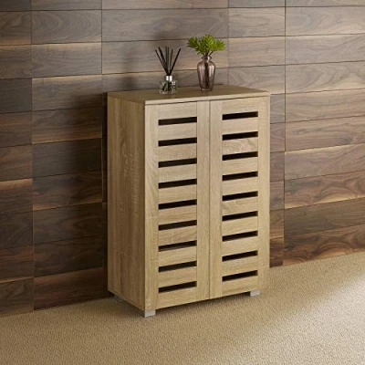 Image of Home Source 2 Door Wooden Shoe Storage Cabinet Rack Stand Slatted Cupboard, MDF, Oak Effect