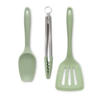 Image of Zeal JSET27G Non Stick Silicone Spatula Spoon, Cooking Tongs &amp; Turner 3 Piece Set Sage Green