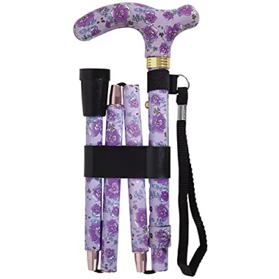 Image of Aidapt Patterned Fold Down Adjustable Height Lightweight Walking Stick with Anti Slip Ferrule Foot for Stability and Confidence when Supplied a Hanging Carry Strap Handle