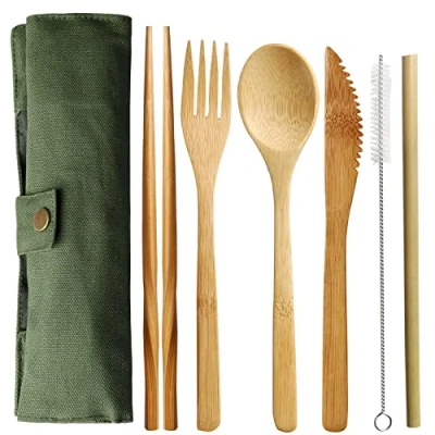 Image of nuoshen Bamboo Cutlery Set, Travel Utensils Include Knife Fork Spoon Chopsticks Straws