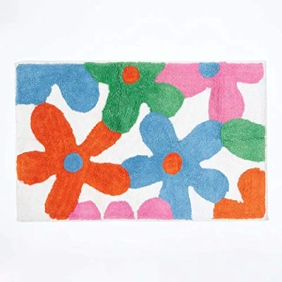 Image of HOMESCAPES 100% Cotton Washable Tufted Colourful Multi Flowers Rug Orange Pink Blue 50 x 80 cm Bath Mat or Children&#039;s