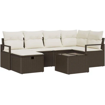 Image of vidaXL 7 Piece Garden Sofa Set with Cushions Brown Poly Rattan