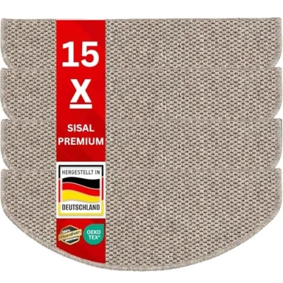 Image of Economy Set Stair Mats in Sisal Look, Flat Weave with Tiger Eye Structure, GUT Seal, Can be Combined Runner, 65 x 23.5 cm, Semicircular, 15 a (Taupe) Calcuta