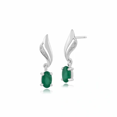 Image of Gemondo 9ct White Gold Oval Emerald &amp; Diamond Swirl Drop Earrings
