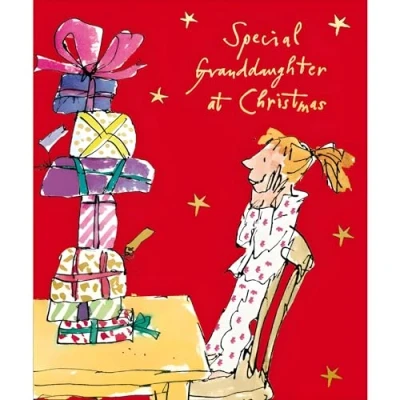Image of Granddaughter Christmas Card Special Quentin Blake Illustration Girl and Presents Artistic Design Finish Made in the UK Eco Friendly