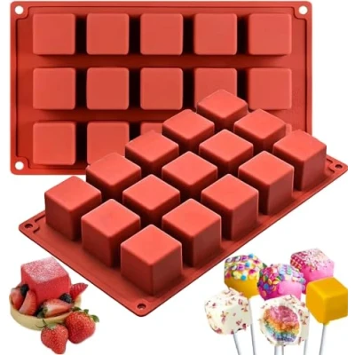 Image of 2PCS Square Silicone Caramel Candy Mould, 15 Cavities Wax Melts Molds, Lollipop Mold, Ice Cube Tray, Dessert Chocolate Truffles Mold for Chocolate, Candy, Cake, Candle, Jelly, Brownie