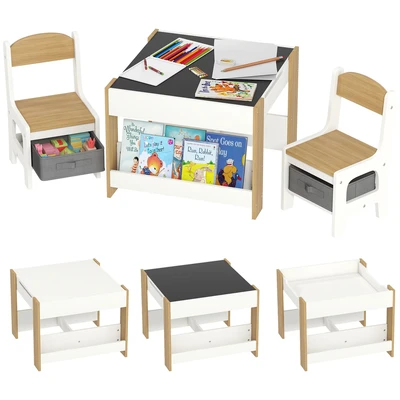 Image of HOMCOM 3 Piece Kids Table and Chair Set, 2 in 1 Design Desk Set with Blackboard, Storage, Bookshelves, for Nursery, Playroom, Classroom Natural Wood