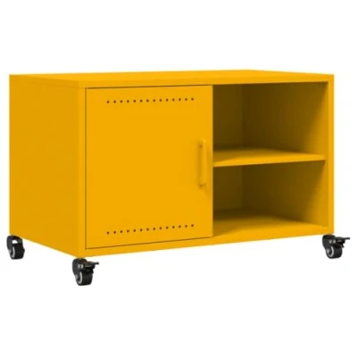 Image of vidaXL Mustard Yellow TV Cabinet Stand Unit Cold Rolled Steel, 68x39x43.5cm, Movable with Wheels, Display Shelf and Storage