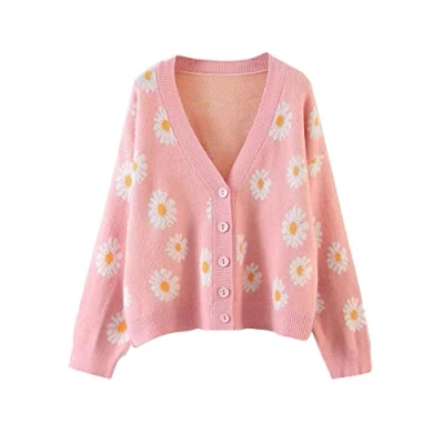 Image of N /D Women Daisy Floral Print Knit Cardigan V Neck Long Sleeve Sweater Open Front Button 90s Outerwear Coat (Pink, One Size)