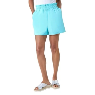 Image of Roman Linen Blend Pocket Shorts for Women UK Ladies Spring Everyday Summer Holiday Elastic Waistband Comfy Woven Fabric Pants Vacation Beach Bottoms Turquoise Size 20
