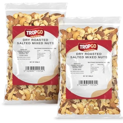 Image of Tropgo Roasted Salted Mixed Nuts 500g Pack of 2 Packed Fresh, Healthy Jumbo with Fibre, Protein, Minerals Perfect for Snacking Includes Almonds, Brazil Nuts, Cashews, Peanuts, Hazelnuts