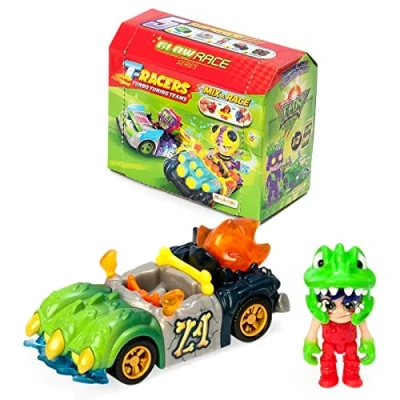 Image of T RACERS Glow Race Series Collectible surprise Car and driver. can be taken apart piece by piece, parts are interchangeable