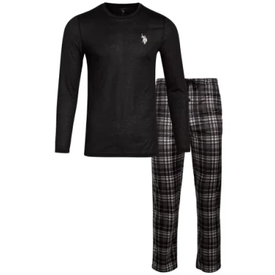 Image of U.S. Polo Assn. Men&#039;s Pajama Set 2 Piece Long Sleeve T Shirt and Fleece Lounge Pants, Gift Box, Black, XL