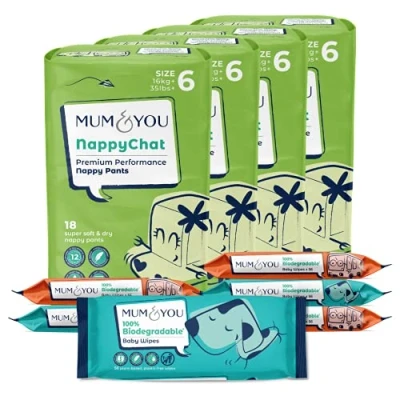 Image of Size 6 Nappy Pant &amp; Wet Wipe Value Bundle (4 Packs of Pull Up Nappies 336 Wipes)