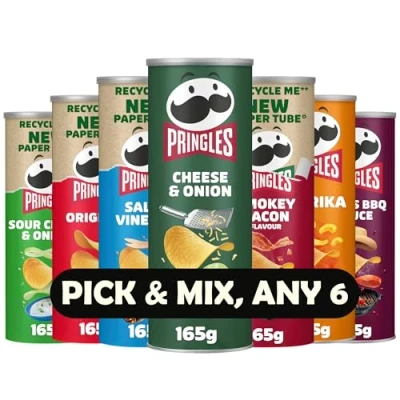 Image of Pringles Crisps Variety Pack Pick &amp; Mix Any 6 Flavours 165g Tubs Cheese Onion, Sour Cream Salt Vinegar, Original, Smokey Bacon, Paprika, Texas BBQ Sauce, Prawn Cocktail.