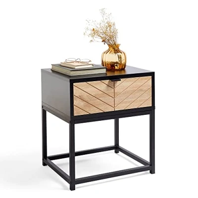 Image of VonHaus Chevron Side Table Black &amp; Light Wood Effect End 1 Drawer Living Room Modern Bedside For Bedroom Industrial Nightstand with Metal Frame Lounge Dalton