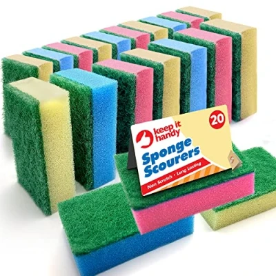 Image of 20pk Small Sponge Scourer for Kitchen Blue, Pink, Yellow Sponges Washing Up Dish Cleaning and Bathroom Surfaces + SOL Sticker