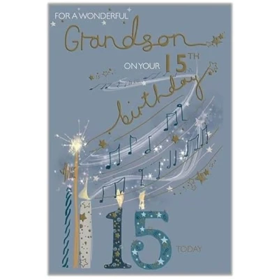 Image of ICG Wonderful Grandson 15th Birthday Card Age 15 Music Notes and Candles Embossed with Foil Details