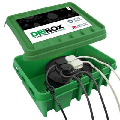 Image of DRiBOX Large IP55 Weatherproof Outdoor Electrical Connection Box 40 x 31 14.5cm Power Cord Enclosure for Christmas Lights, Timers, Extension Cables, Leads, Reels, Transformers (Large, Green)