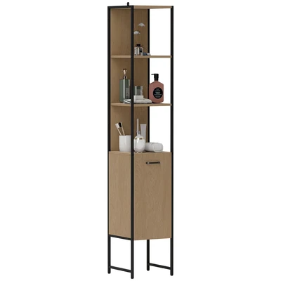 Image of HOMCOM Tall Bathroom Cabinet, Slim Storage Cabinet with 3 Open Shelves and Adjustable Shelf, Freestanding Cupboard, 33 x 185 cm, Natural Wood Finish