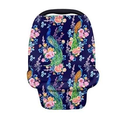 Image of Binienty Babies Nursing Cover, Exotic Peacock Peony Flower Print Multi Use Baby Car Seat High Chair/Shopping Cart/Stroller Cover