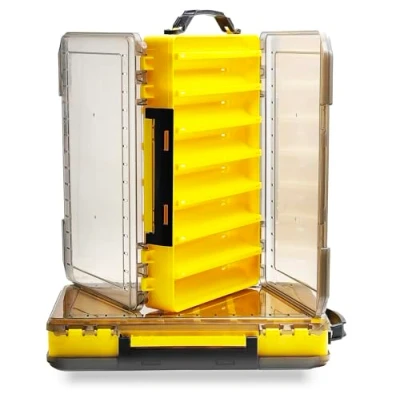 Image of Fishing Tackle Boxes Lure Organizer: 2 Packs Hard Bait Storage Box Double Sided Case with 14 Compartments Container (Yellow, L)