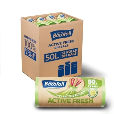 Image of Bacofoil Active Fresh Bin Liners with Drawstring Handles 50L Leak Proof Bag a Citrus Fragrance to Prevent Odours (32 Rolls, 320 Bags)