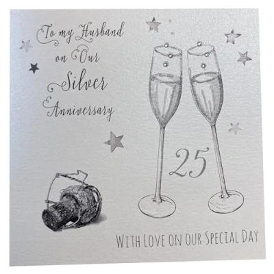 Image of white cotton cards To My Husband, Handmade Large 25th Silver Anniversary Card Champagne Glasses, XLWA25H