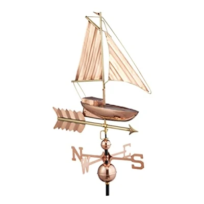 Image of Relaxdays Ship Weathervane, Metal, Direction Indicator for Roof, Garden, Wind Vane with Compass Points, Copper, 144 x 60 46 cm