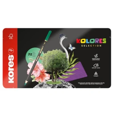 Image of Kores Kolores Selection 72 Pencils, Includes 8 Metallic and 4 Neon Colouring Pencils with Soft Lead, Triangular Shape, FSC Wood Set of in Metal Case