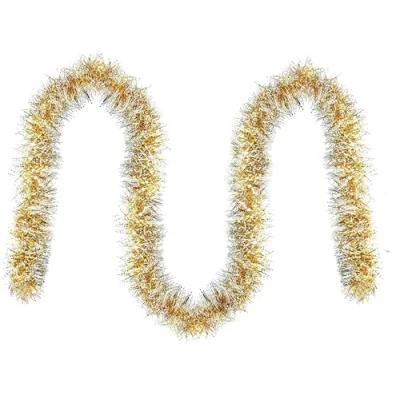 Image of 2M Christmas Tree Tinsel Snow Tipped Garland: Dark Green, Red, Gold, &amp; Purple Fluffy Shiny Decor with Glitter Ribbon for Indoor/Outdoor Holiday Festivities (Snow Gold)