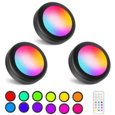 Image of WUYOR Wireless Under Cabinet Lights with Remote, 16 Colors LED Cupboard Lights, Stick on Wardrobe Counter Remote Control, RGB Puck 3 Pack Black