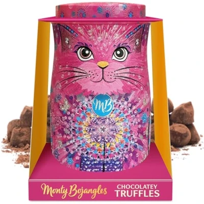 Image of Monty Bojangles Cocoa Dusted Chocolate Truffles Cat Tin (135g Shimmering Starlet) Berry Bubbly Luxury Collectable Tin, Gift Box With Bespoke Design