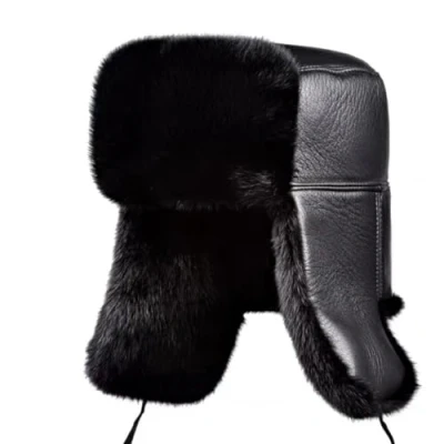 Image of Tingyilan Black,Russian Soviet Ushanka Cossack Aviator Bomber Hat Winter Fur Earflap Cap, Faux &amp; PU Leather Trapper Windproof Hunting Ski