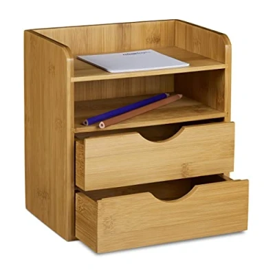 Image of Relaxdays Desk Organiser, Bamboo Storage System for Organizing your Office with 2 Shelves and Removable Drawers Box Letter Filing Work, Natural Brown
