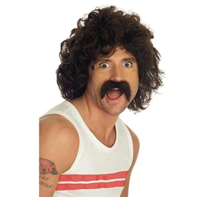 Image of Fun Shack Brown Curly Wig Men with Moustache, Mens Afro Wig, and Men, 70s Wigs One Size