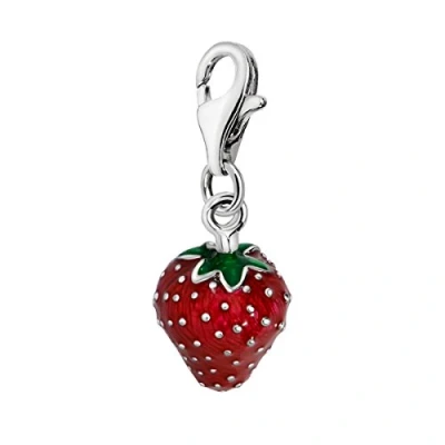 Image of Quiges Red and Green Enamel 3D Strawberry Clip On Charm Pendant Silver Plated Women&#039;s Jewellery