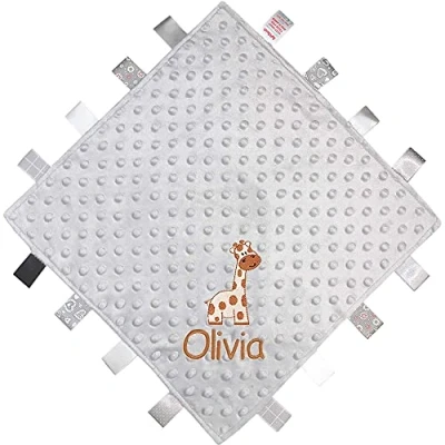 Image of TeddyTs Personalised Silver Giraffe Taggy Blanket Ribbon Comforter