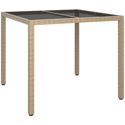 Image of vidaXL Garden Table 90x90x75 cm Tempered Glass and Poly Rattan Beige