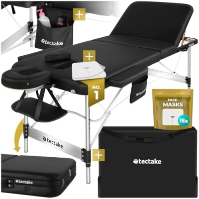 Image of tectake® 3 Zone Massage Table with Sturdy Aluminium Frame, Foldable Bed Thick Foam Padding, Oil &amp; Water Resistant Cover, Adjustable Spa Beauty Bed, Incl. Carry Bag Face Masks Black