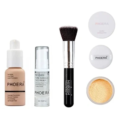 Image of Phoera® Full Coverage Foundation, Primer, Setting Powder and MISKEEN Makeup Brush Soft Matte Oil Control Concealer 30ml Long Lasting Flawless Cream Smooth Aquapurity (103 WARM PEACH SET)