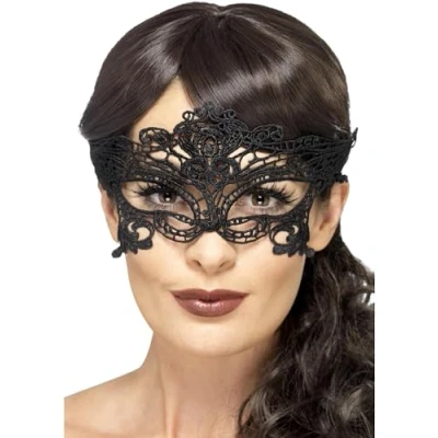 Image of Smiffys Embroidered Lace Filigree Heart Eyemask, Black , Eyemasks Fancy Dress, Adult Dress Up Eye masks