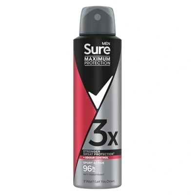 Image of Sure Men Maximum protection Sport Active anti perspirant deodorant Aerosol spray with 3x stronger* sweat 96h against and odour 150 ml
