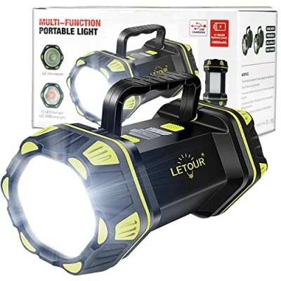 Image of LETOUR Rechargeable LED Torch, 4000Lumens Multi Functional Camping Light Super Bright Flashlight 8 Modes Searchlight, 4800mAh Power Bank, IP65 Waterproof Outdoor Tent Spotlight Lantern